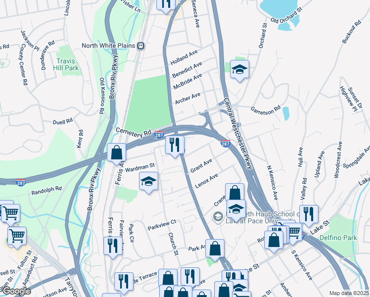 map of restaurants, bars, coffee shops, grocery stores, and more near 144 North Broadway in White Plains