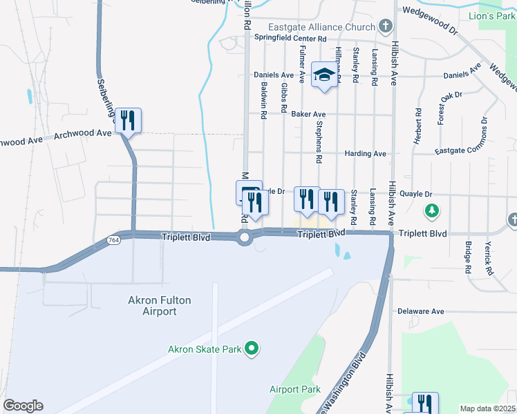 map of restaurants, bars, coffee shops, grocery stores, and more near 598 Baldwin Road in Akron