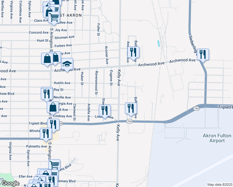 map of restaurants, bars, coffee shops, grocery stores, and more near 979 Kelly Avenue in Akron