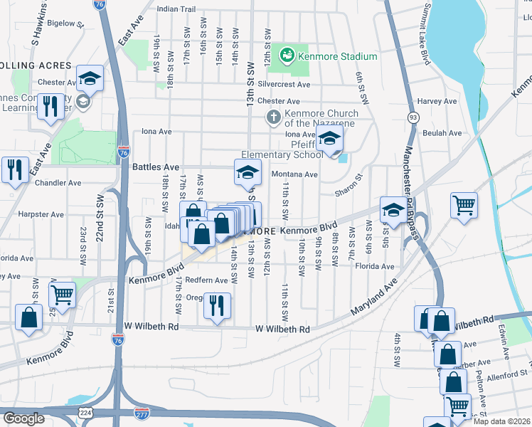 map of restaurants, bars, coffee shops, grocery stores, and more near 2172 12th Street Southwest in Akron