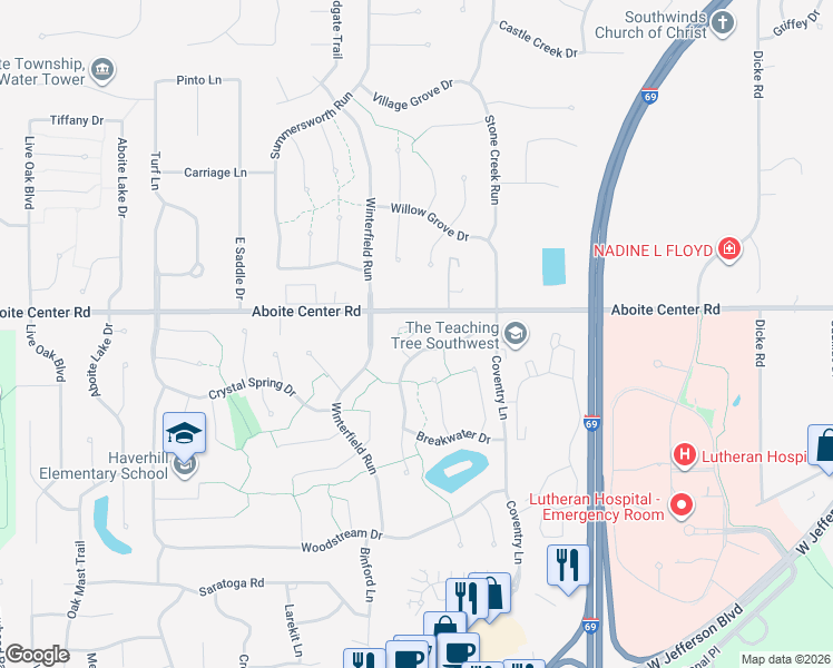 map of restaurants, bars, coffee shops, grocery stores, and more near 4307 Whaler's Cove in Fort Wayne
