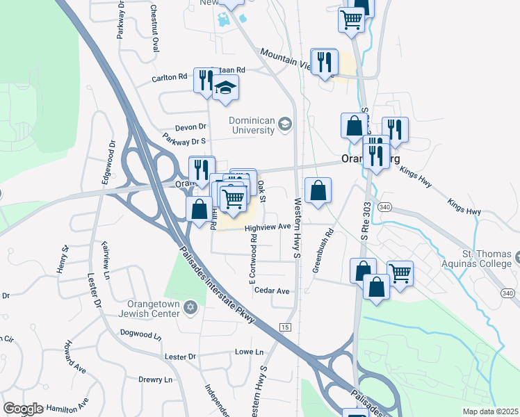map of restaurants, bars, coffee shops, grocery stores, and more near 3 Oak Street in Orangeburg