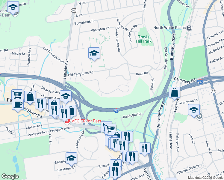 map of restaurants, bars, coffee shops, grocery stores, and more near 74 Winding Ridge Road in White Plains