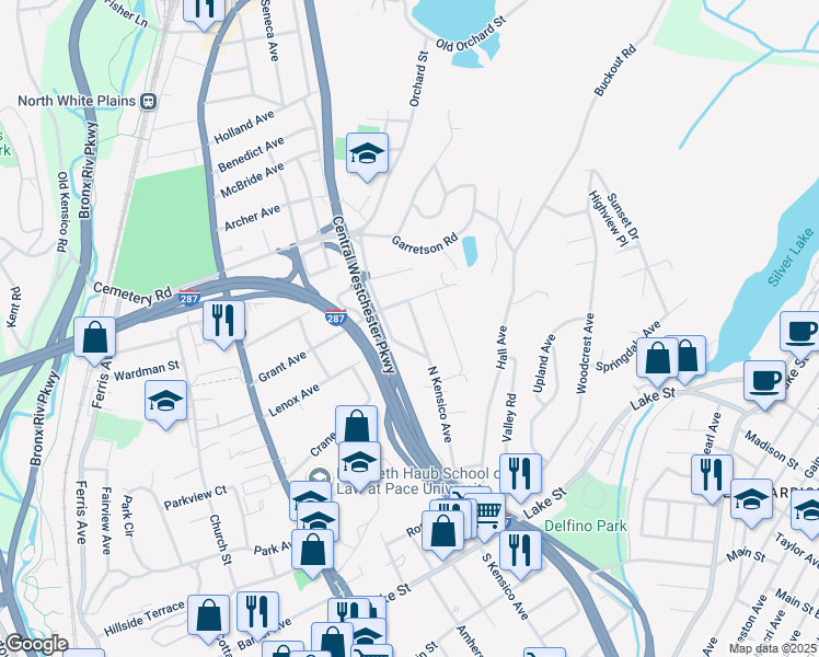 map of restaurants, bars, coffee shops, grocery stores, and more near 193 North Kensico Avenue in White Plains