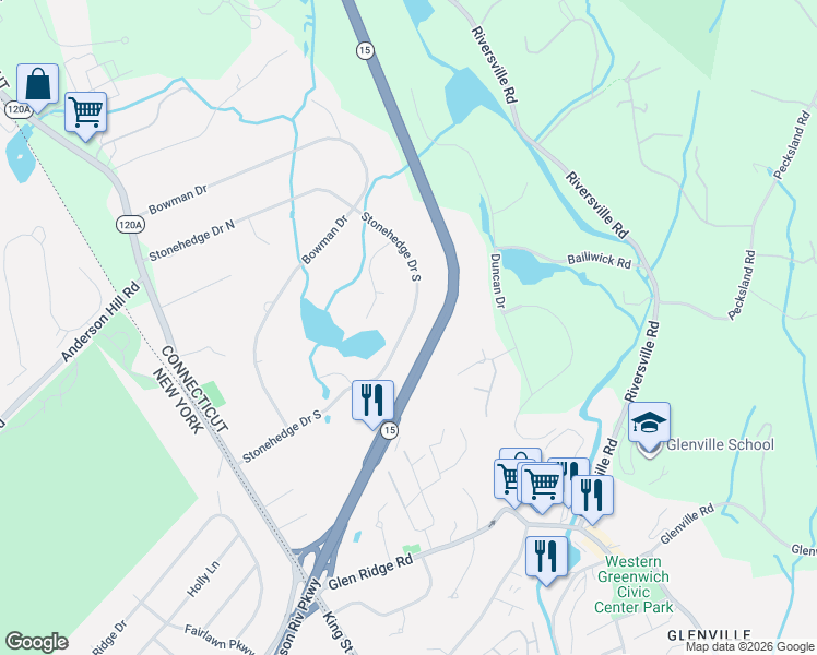 map of restaurants, bars, coffee shops, grocery stores, and more near 53 Stonehedge Drive South in Greenwich