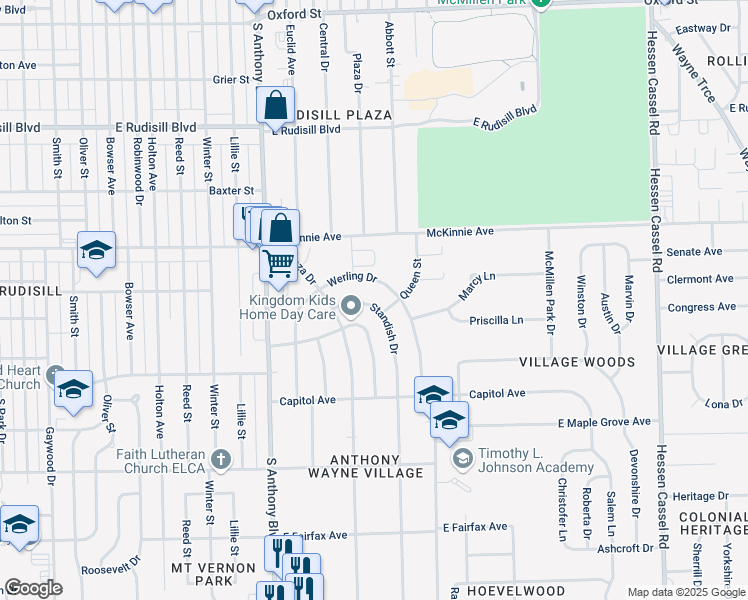 map of restaurants, bars, coffee shops, grocery stores, and more near 4401 Standish Drive in Fort Wayne