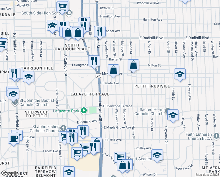 map of restaurants, bars, coffee shops, grocery stores, and more near 4415 Avondale Drive in Fort Wayne