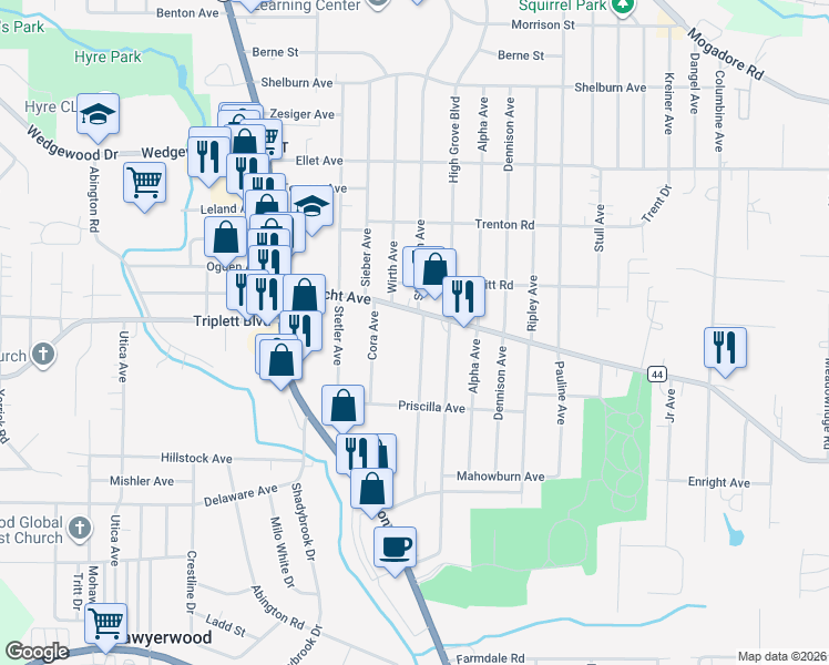 map of restaurants, bars, coffee shops, grocery stores, and more near 532 Stevenson Ave in Akron