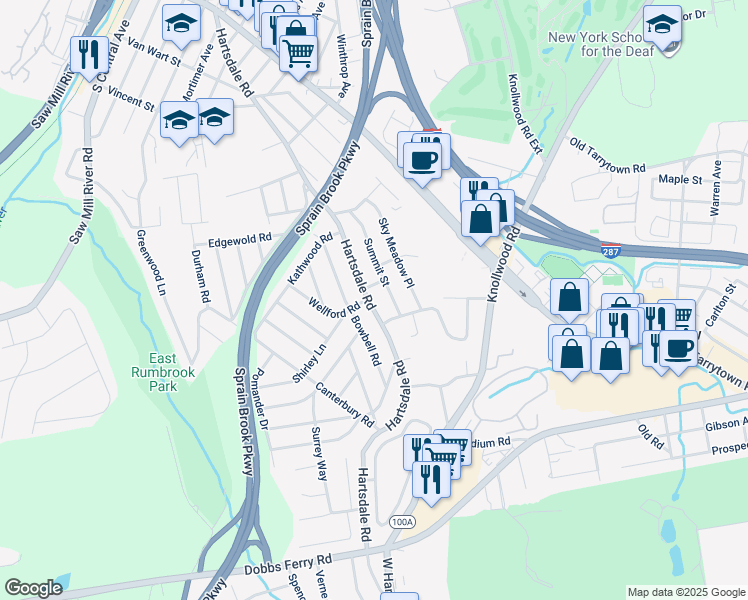 map of restaurants, bars, coffee shops, grocery stores, and more near 869 West Hartsdale Avenue in White Plains