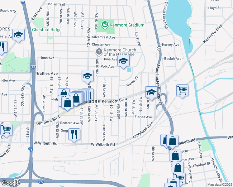 map of restaurants, bars, coffee shops, grocery stores, and more near 2168 9th St SW in Akron
