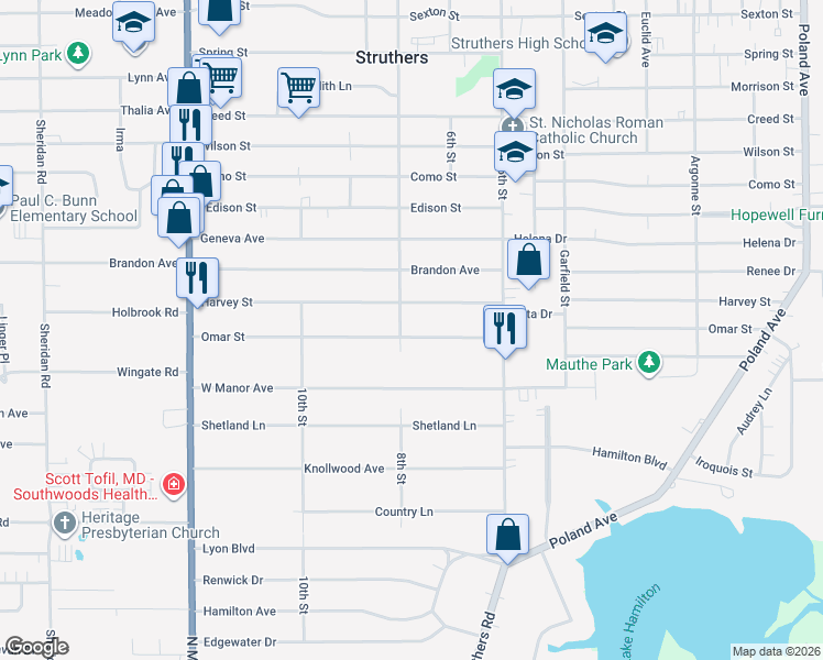map of restaurants, bars, coffee shops, grocery stores, and more near 429 Omar Street in Struthers