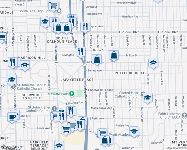 map of restaurants, bars, coffee shops, grocery stores, and more near 4415 Avondale Drive in Fort Wayne