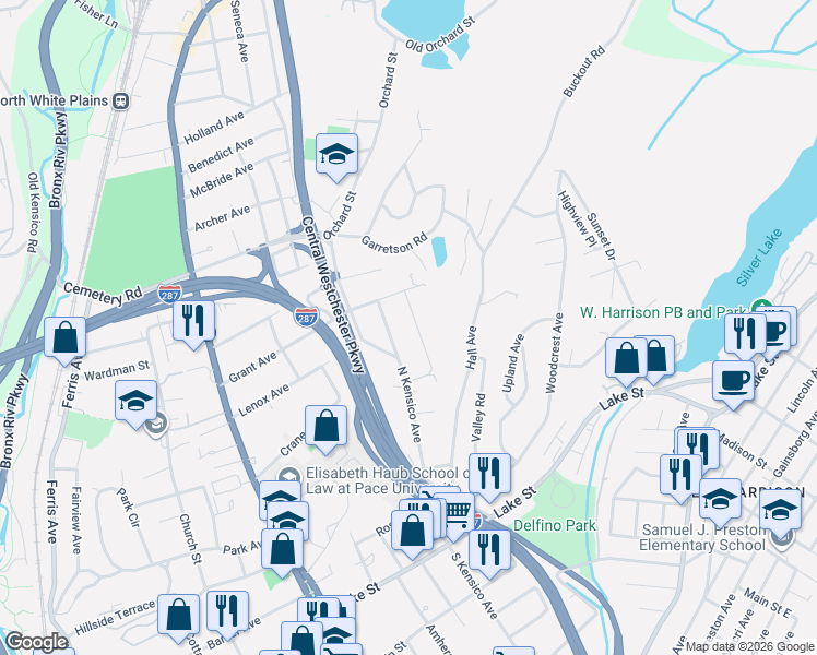 map of restaurants, bars, coffee shops, grocery stores, and more near 41 Mount Morris Avenue in White Plains