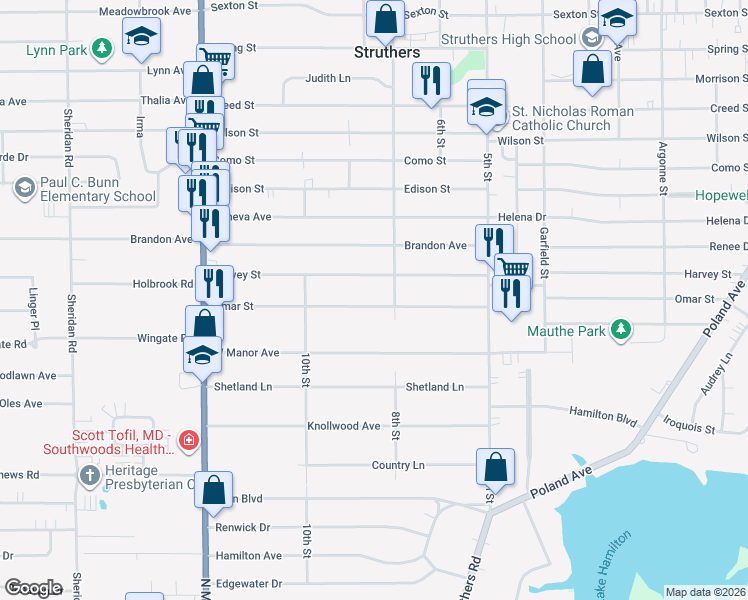 map of restaurants, bars, coffee shops, grocery stores, and more near 465 Omar Street in Struthers