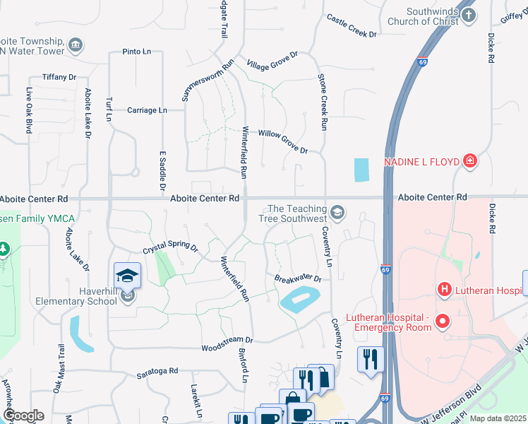 map of restaurants, bars, coffee shops, grocery stores, and more near 4307 Whaler's Cove in Fort Wayne
