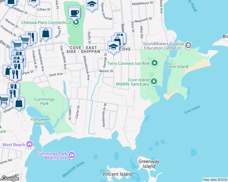map of restaurants, bars, coffee shops, grocery stores, and more near 30 Lewelyn Road in Stamford
