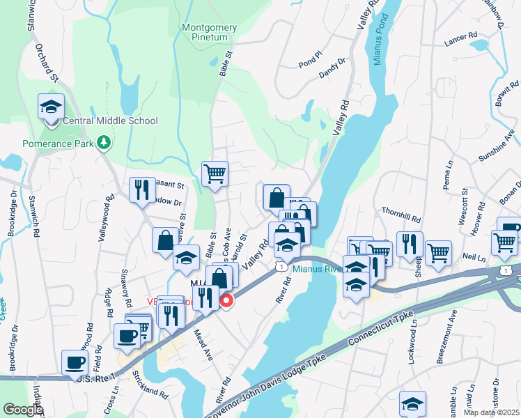 map of restaurants, bars, coffee shops, grocery stores, and more near 3a Rippowam Road in Greenwich