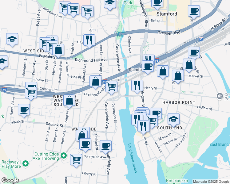 map of restaurants, bars, coffee shops, grocery stores, and more near 177 Greenwich Avenue in Stamford