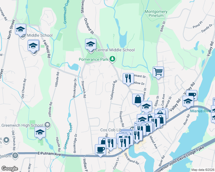 map of restaurants, bars, coffee shops, grocery stores, and more near 11 Osee Place in Greenwich