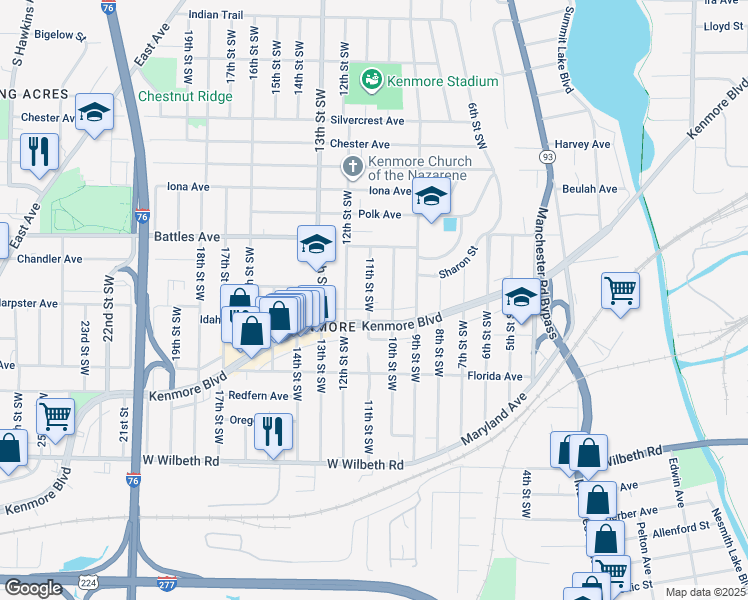 map of restaurants, bars, coffee shops, grocery stores, and more near 2163 11th Street Southwest in Akron