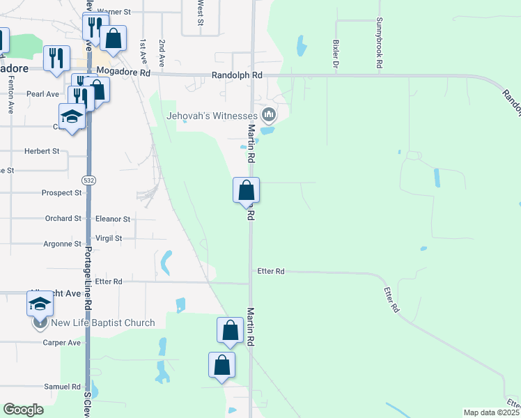 map of restaurants, bars, coffee shops, grocery stores, and more near 2026 Martin Road in Mogadore