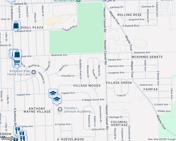 map of restaurants, bars, coffee shops, grocery stores, and more near 4421 Winston Drive in Fort Wayne