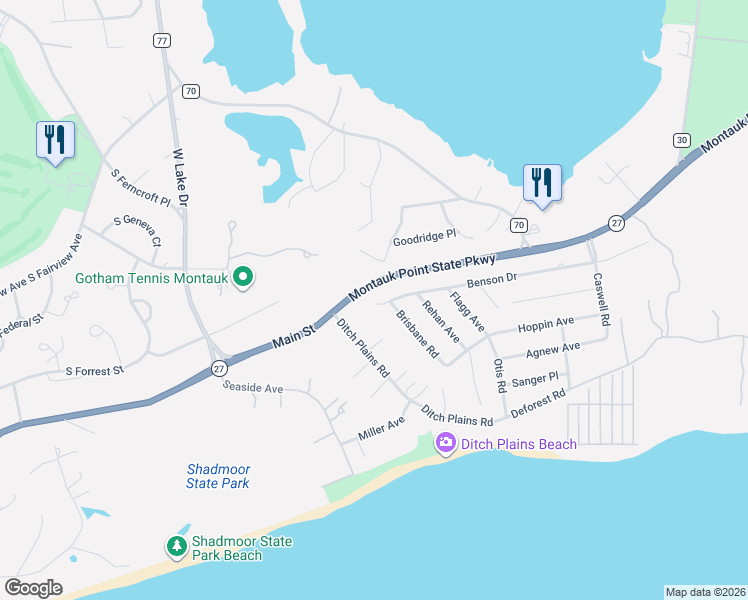 map of restaurants, bars, coffee shops, grocery stores, and more near 11 Benson Drive in Montauk