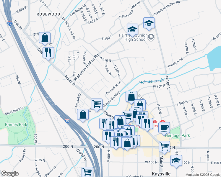 map of restaurants, bars, coffee shops, grocery stores, and more near 424 Creekside Lane in Kaysville
