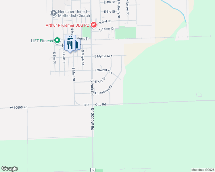 map of restaurants, bars, coffee shops, grocery stores, and more near 477 East Jeanette Street in Herscher