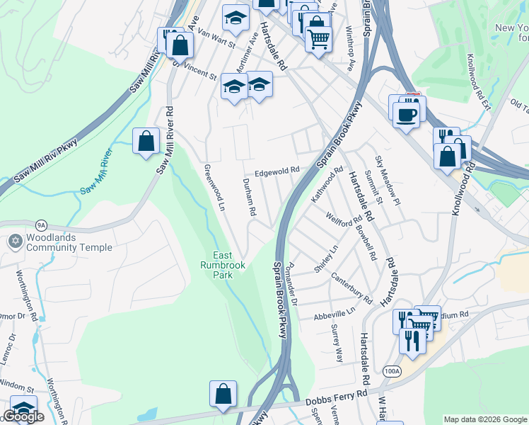 map of restaurants, bars, coffee shops, grocery stores, and more near 13 Barksdale Road in White Plains