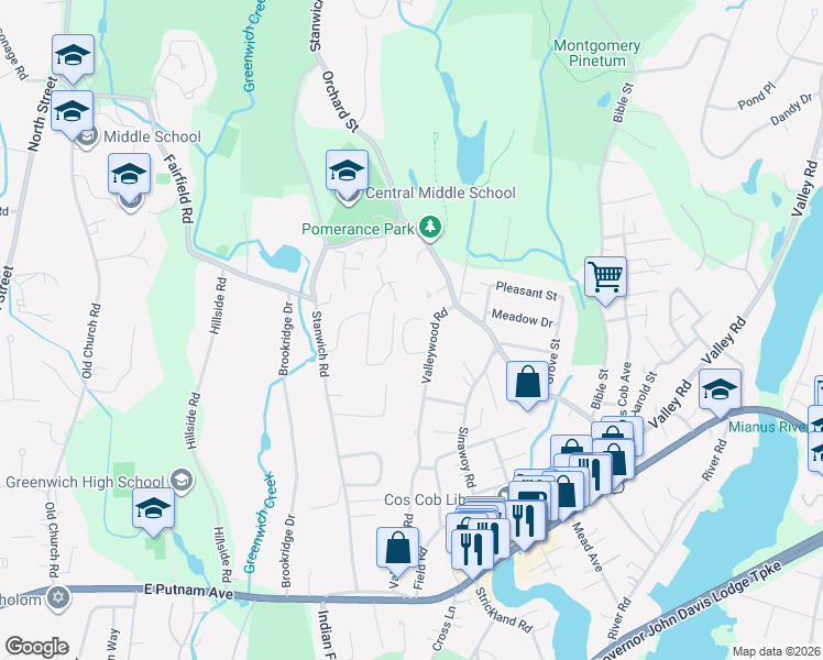 map of restaurants, bars, coffee shops, grocery stores, and more near 11 Osee Place in Greenwich