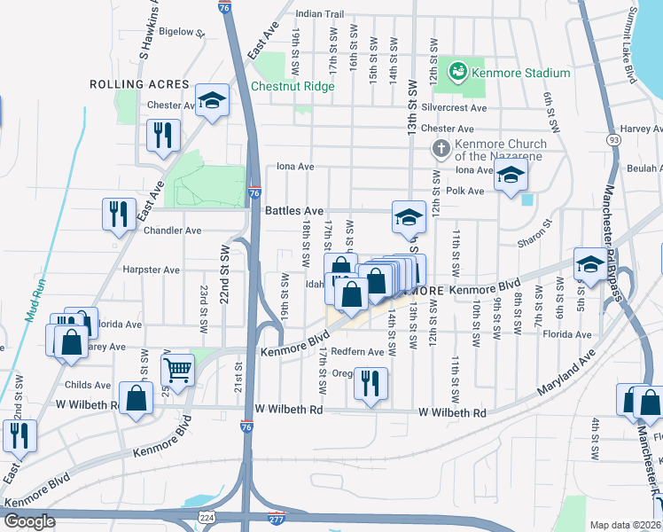 map of restaurants, bars, coffee shops, grocery stores, and more near 937 Ella Court in Akron