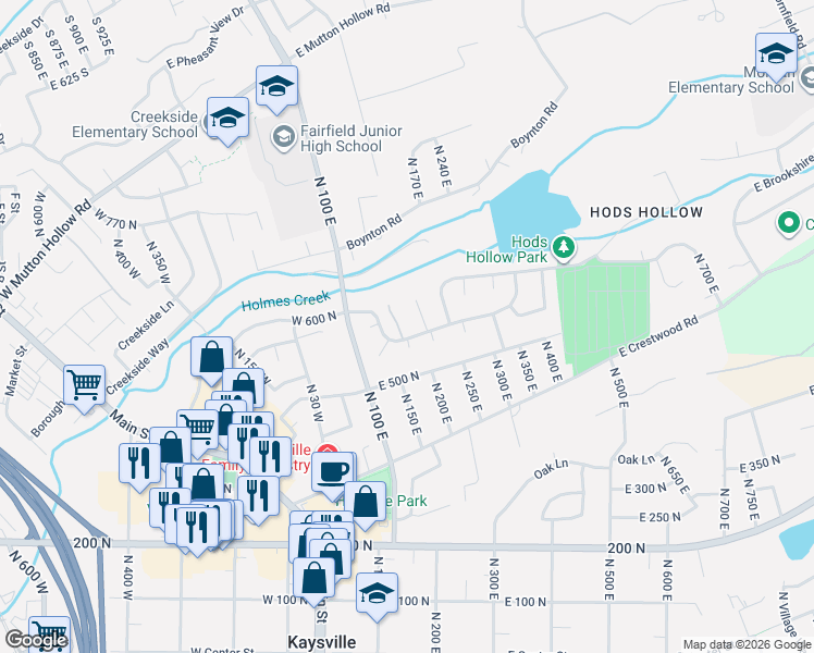 map of restaurants, bars, coffee shops, grocery stores, and more near 65 North 200 East in Kaysville