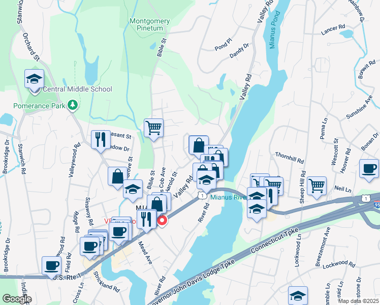 map of restaurants, bars, coffee shops, grocery stores, and more near 8 Rippowam Road in Greenwich