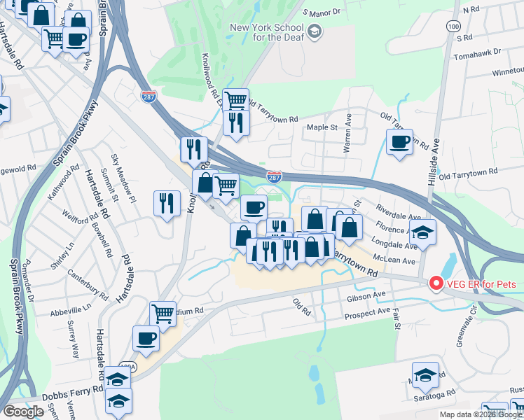 map of restaurants, bars, coffee shops, grocery stores, and more near 50 Yellowstone Avenue in White Plains