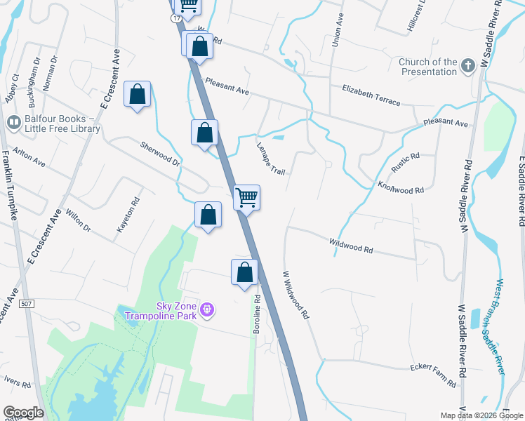 map of restaurants, bars, coffee shops, grocery stores, and more near 66 New Jersey 17 in Ramsey