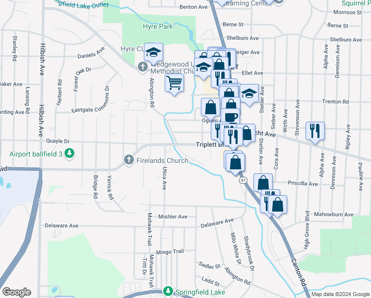map of restaurants, bars, coffee shops, grocery stores, and more near 2414 Triplett Boulevard in Akron