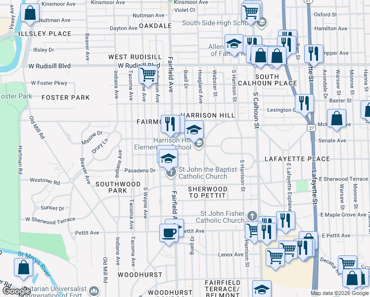 map of restaurants, bars, coffee shops, grocery stores, and more near 5 Buell Drive in Fort Wayne