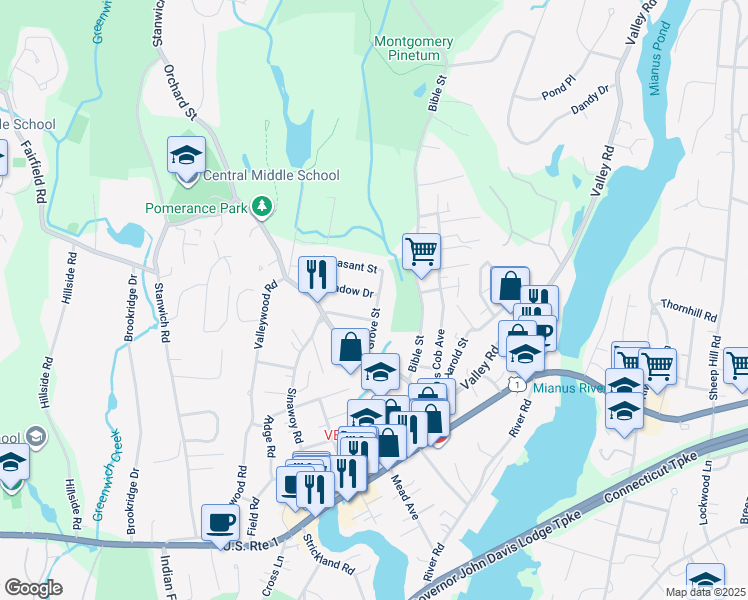 map of restaurants, bars, coffee shops, grocery stores, and more near 29 Meadow Drive in Greenwich