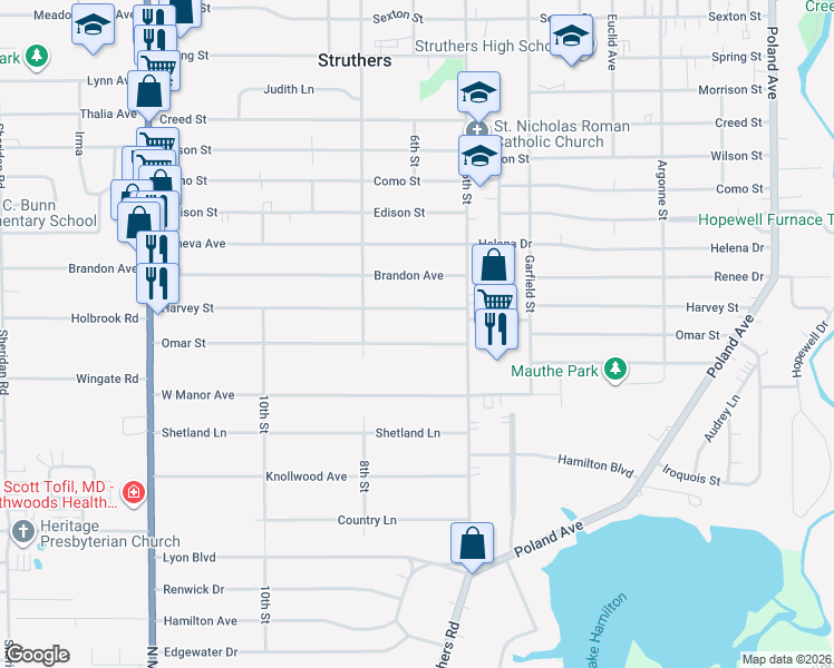 map of restaurants, bars, coffee shops, grocery stores, and more near 379 West Omar Street in Struthers