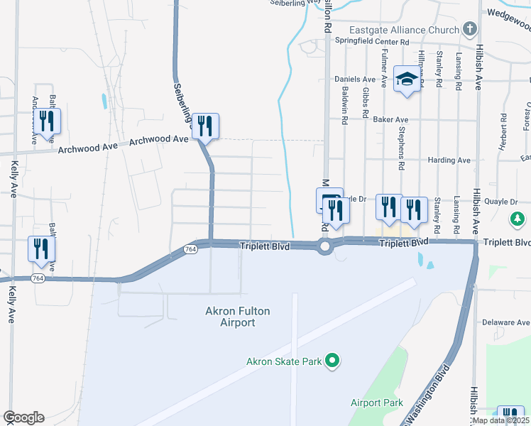 map of restaurants, bars, coffee shops, grocery stores, and more near 1620 Canadian Ave in Akron