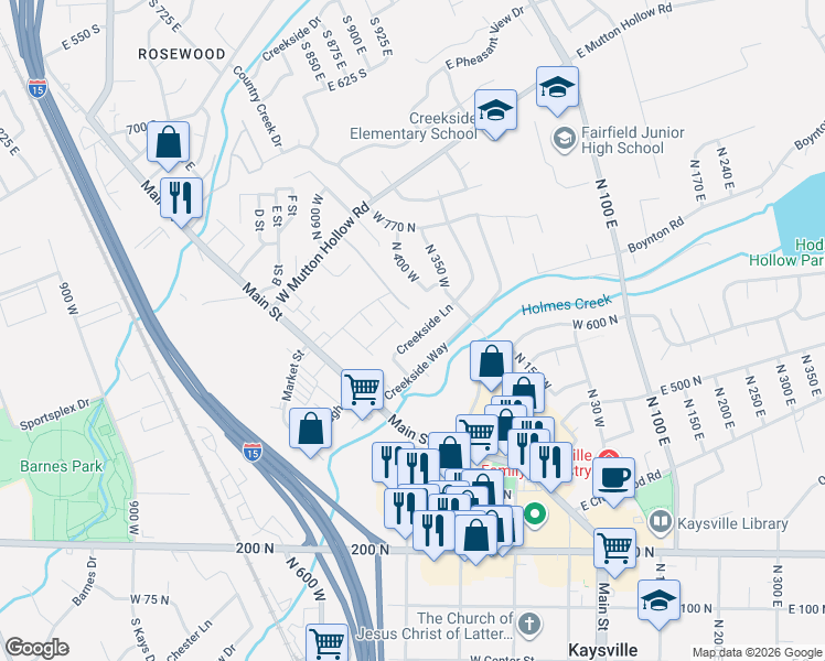 map of restaurants, bars, coffee shops, grocery stores, and more near 424 Creekside Lane in Kaysville