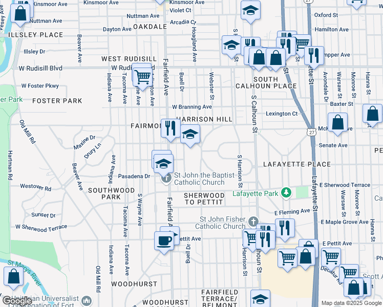 map of restaurants, bars, coffee shops, grocery stores, and more near 355 South Cornell Circle in Fort Wayne