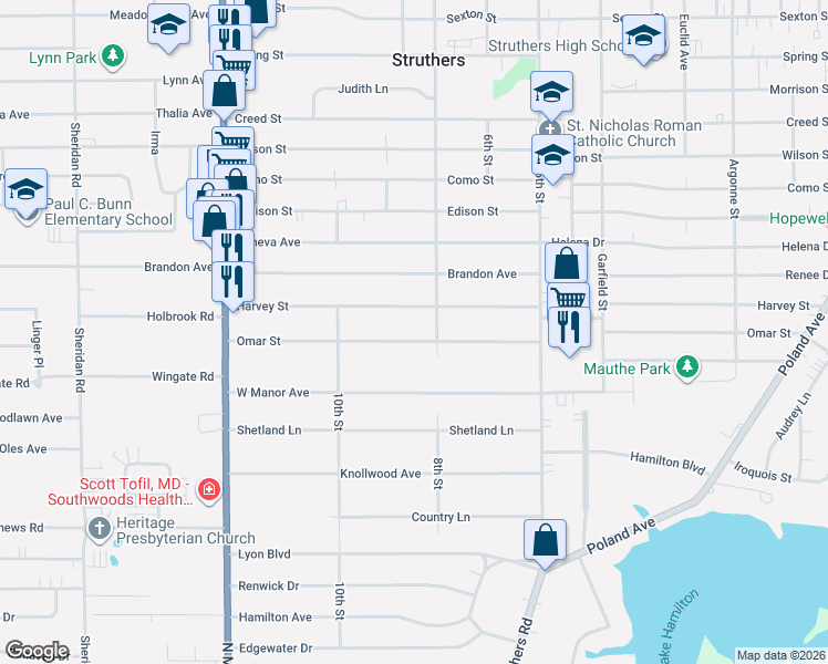 map of restaurants, bars, coffee shops, grocery stores, and more near 465 Omar Street in Struthers