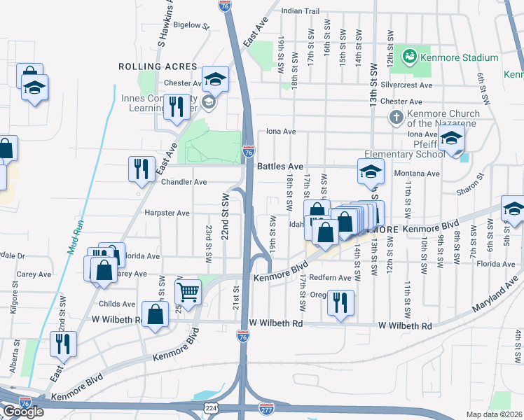 map of restaurants, bars, coffee shops, grocery stores, and more near 1023 Harpster Avenue in Akron