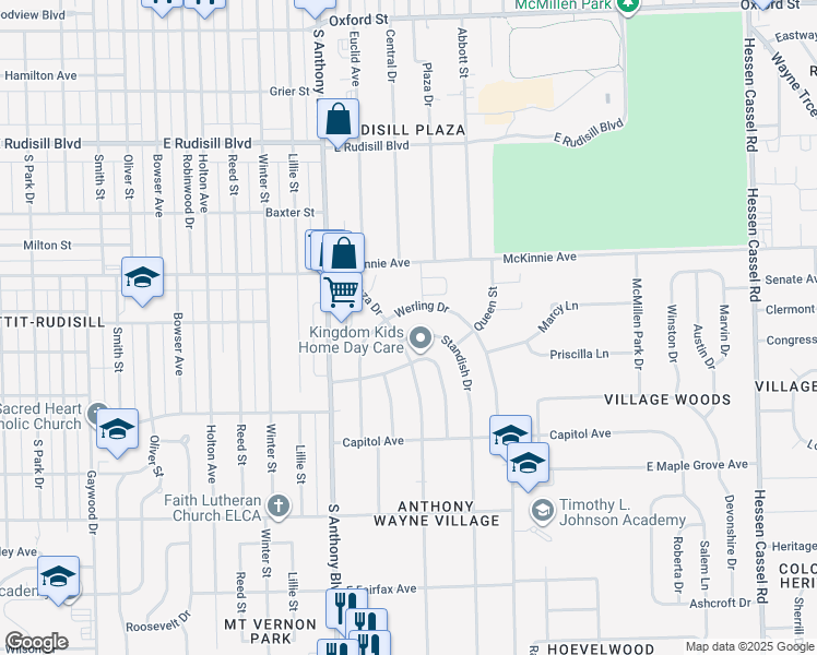 map of restaurants, bars, coffee shops, grocery stores, and more near 4303 Standish Drive in Fort Wayne