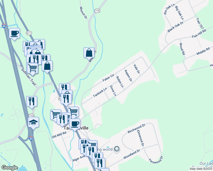 map of restaurants, bars, coffee shops, grocery stores, and more near Tanbark Lane in Tannersville