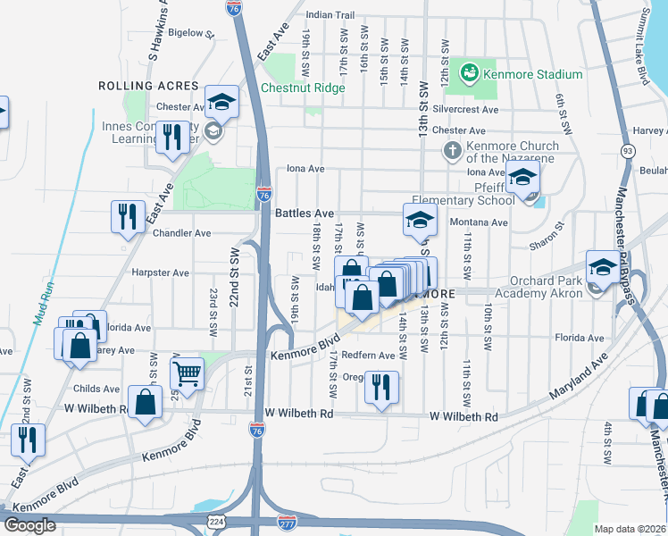 map of restaurants, bars, coffee shops, grocery stores, and more near 937 Ella Court in Akron