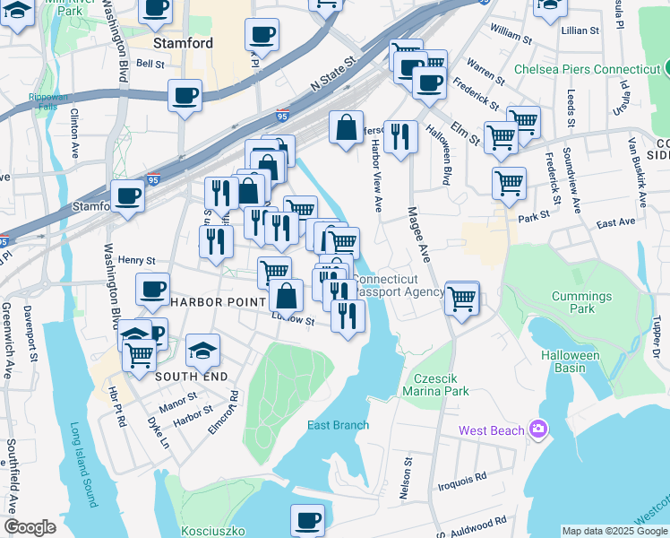 map of restaurants, bars, coffee shops, grocery stores, and more near 700 Canal Street in Stamford