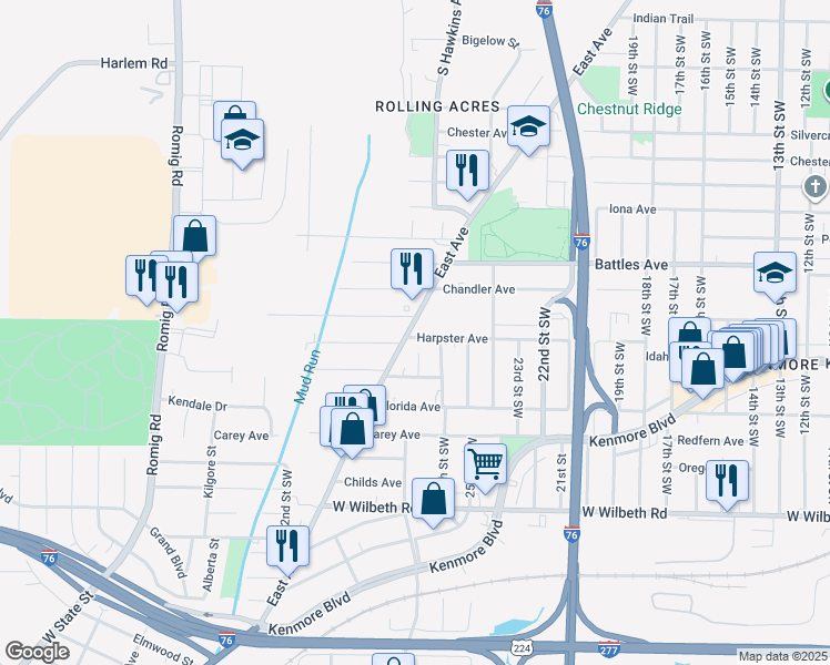 map of restaurants, bars, coffee shops, grocery stores, and more near 2175 East Avenue in Akron